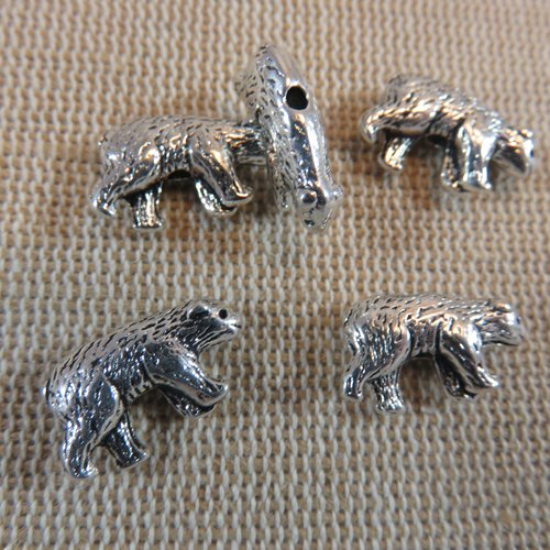 Perles ours 3d métal couleur argenté 16mm - lot de 10