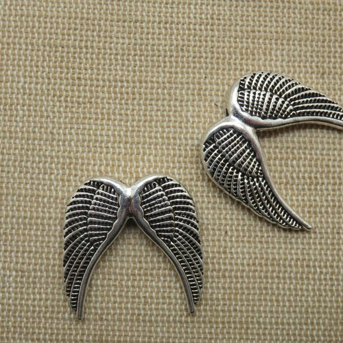 Grande perles ailes d'ange 3d argenté 25mm - lot de 2