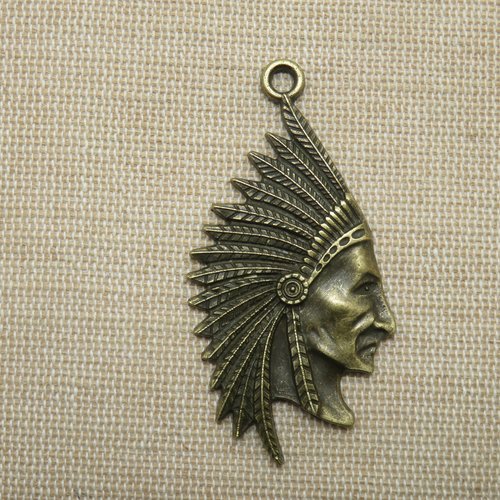Grand pendentif tête chef indien bronze pour fabrication bijoux amérindien