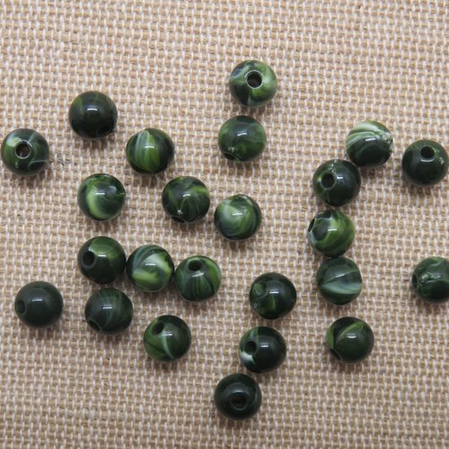 Perles vert foncé effet pierre marbré ronde 6mm acrylique - lot de 20