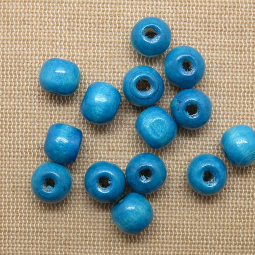 Perles en bois bleu 10mm tambour rond - lot de 15