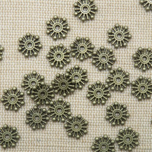 Perles rondelle plate flocon de neige bronze 9mm - lot de 10