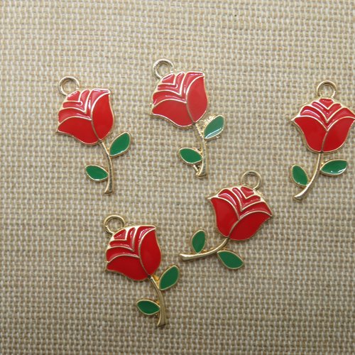 Breloques rose fleur métal émaillé rouge et vert - lot de 5