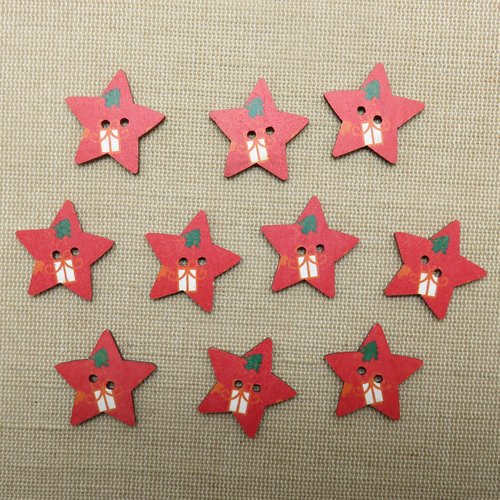 Boutons étoile noël en bois 25mm rouge cadeaux bouton couture - lot de 10