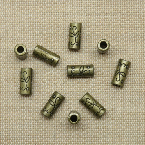 Perles colonne gravé fleur métal bronze 12mmx5mm - lot de 10