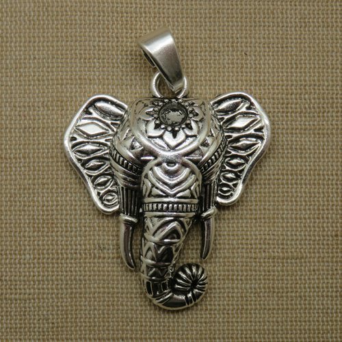 Grand pendentif éléphant hindou ganesh 65mm métal coloris argenté vieilli