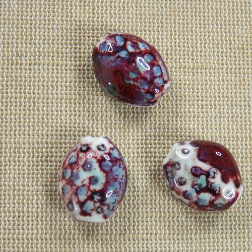 Perles céramique ovale tacheté rouge bleu 19mm - lot de 3