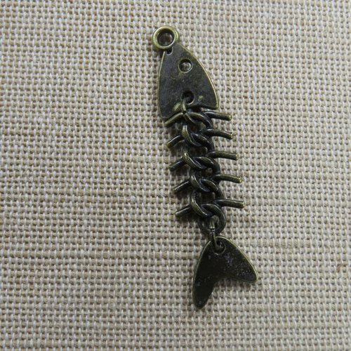 Pendentif squelette poisson bronze, breloque os poisson 48mm, bijoux punk