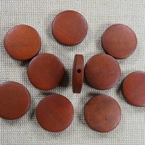 Perles rond-plat en bois 20mm marron - lot de 10