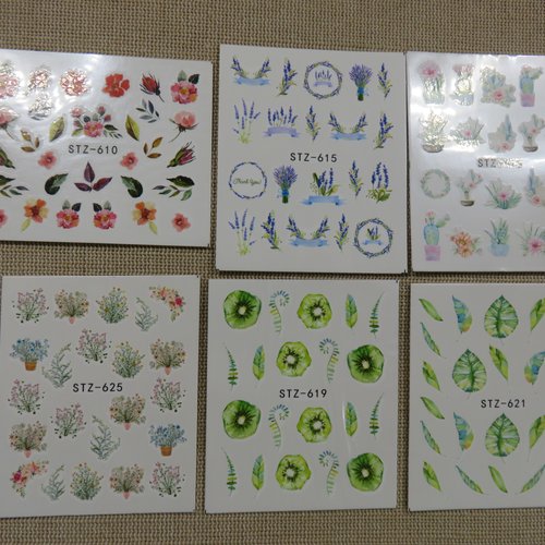 Stickers d'ongle nail-art fleurs plante cactus - 6 feuilles
