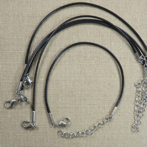 Bracelet cordon coton ciré noir 18cm avec chaînette et mousqueton - lot de 5