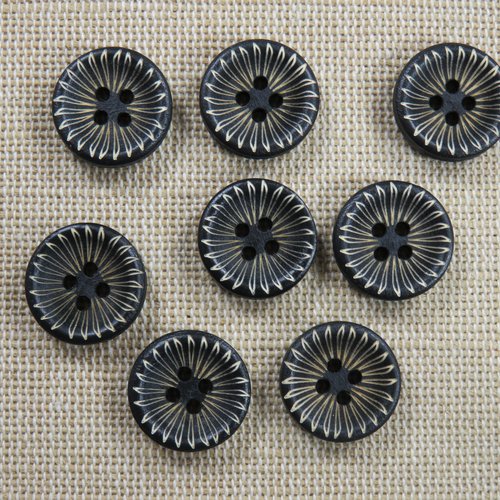 Boutons en bois noir gravé pétale 15mm - lot de 8 boutons de couture