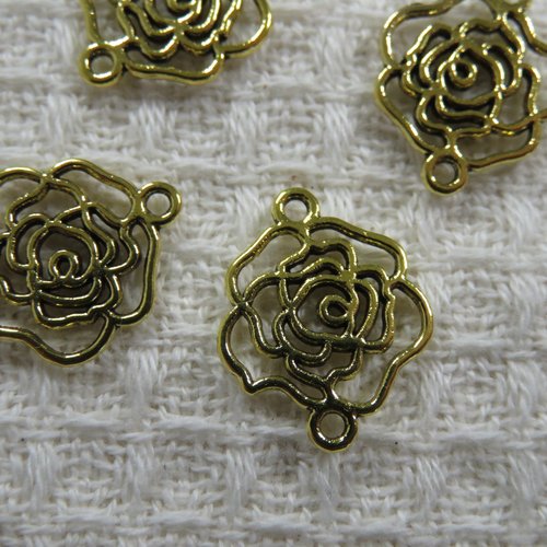 Pendentif fleur rose dorée connecteur breloque 18mm - lot de 2