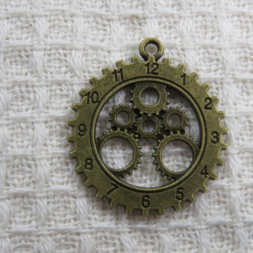 Pendentif horloge bronze steampunk engrenage 28mm en métal, breloque cadran montre