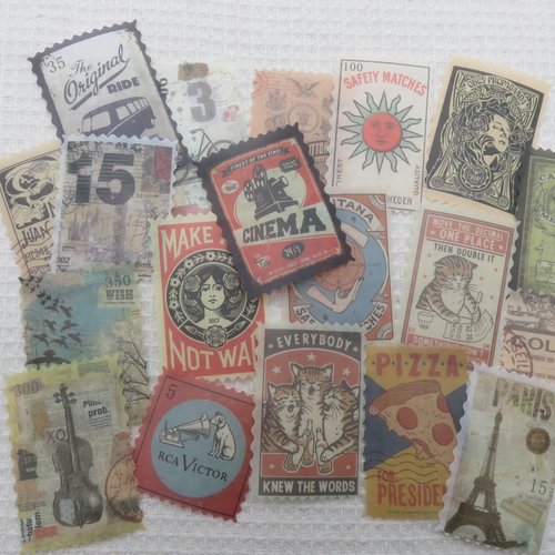 Étiquettes style timbre ancien nature scrapbooking, stickers papier autocollant / 25pcs