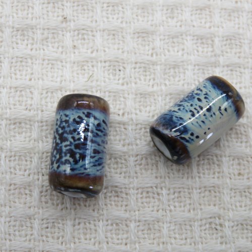 Perles céramique colonne bleu marron 16mm, lot de 2