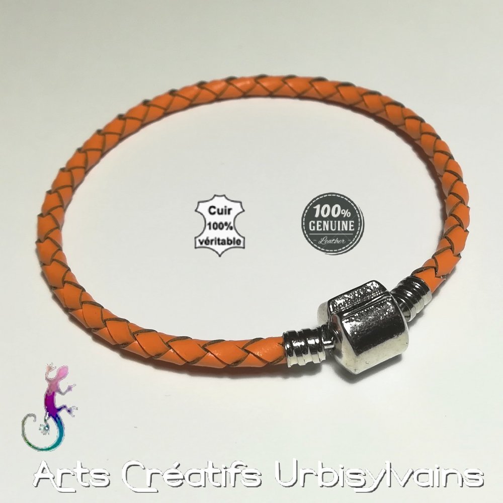 Bracelet européen cordon tressé cuir véritable orange style pandora Bracelet européen cordon tressé cuir véritable orange style pandora