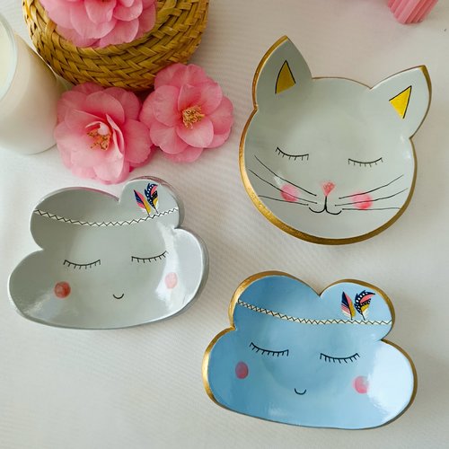 Coupelles, vide poche, porte-bijoux, nuage et chat