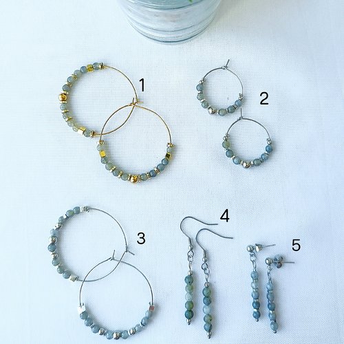 Boucles d'oreilles, créoles et pendantes en pierres naturelles de labradorite, acier inoxydable