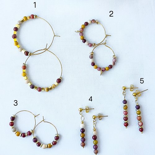 Boucles d'oreilles, créoles et pendantes en pierres naturelles de jaspe mokaïte, acier inoxydable
