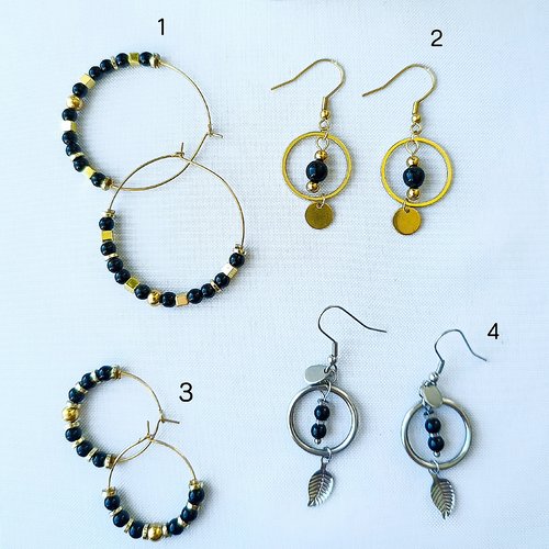 Boucles d'oreilles, créoles et pendantes en pierres naturelles d'onyx noir, acier inoxydable