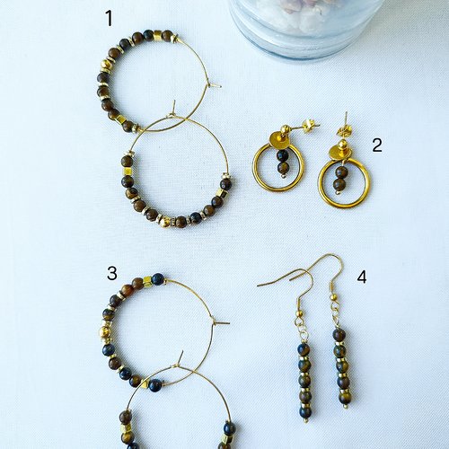 Boucles d'oreilles, créoles et pendantes en pierres naturelles d'oeil du tigre, acier inoxydable