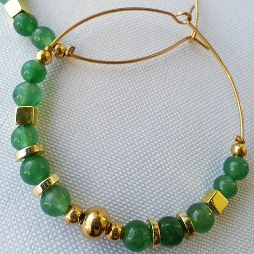 Boucles d'oreilles, créoles et pendantes en pierres naturelles d'aventurine verte, acier inoxydable
