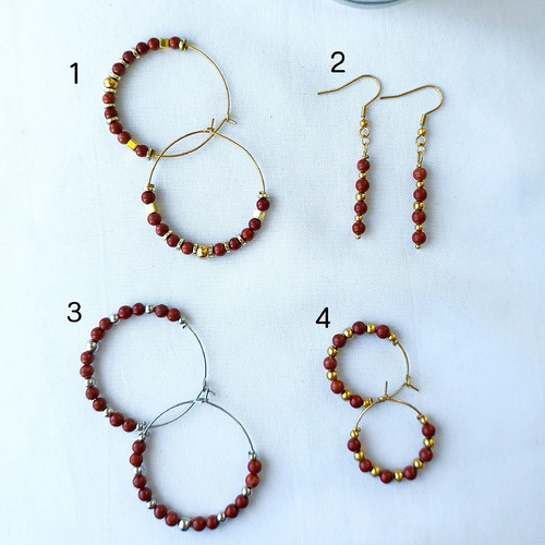 Boucles d'oreilles, créoles et pendantes en pierres naturelles de jaspe rouge, acier inoxydable