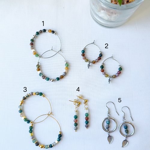 Boucles d'oreilles, créoles et pendantes femme en pierres naturelles d'agate indienne, acier inoxydable