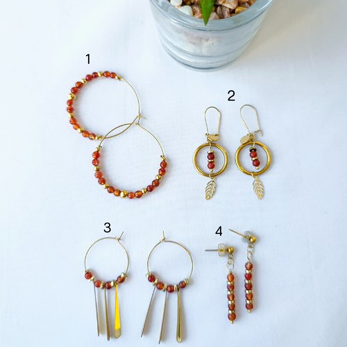 Boucles d'oreilles, créoles et pendantes en pierres naturelles cornaline, acier inoxydable