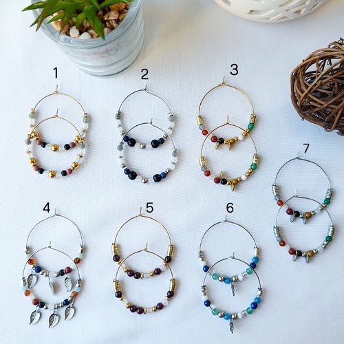 Boucles d'oreilles, créoles et pendantes en pierres naturelles de labradorite, aventurine, apatite, amazonite, onyx noir, acier inoxydable