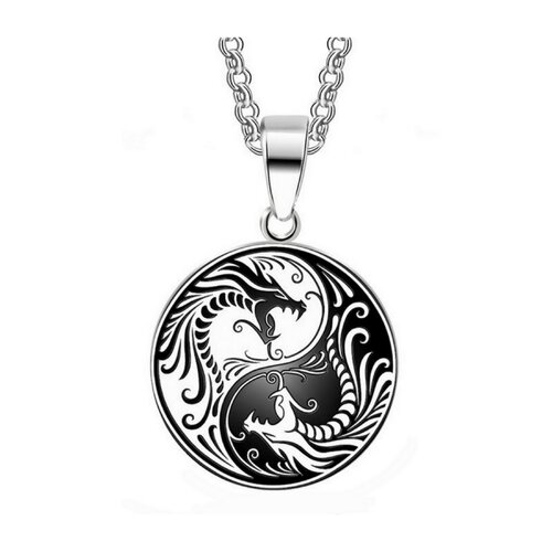 Collier pendentif dragon yin et yang blanc et noir.