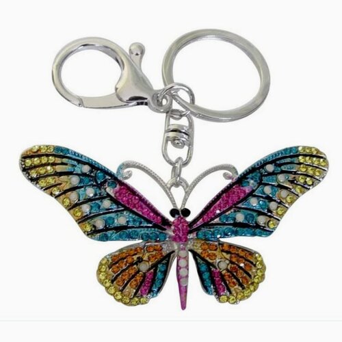 Bijou de sac, porte-clés papillon strass multicolore en acier.