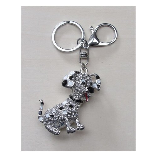 Bijou de sac, porte-clés chien en acier argenté et strass cristal.