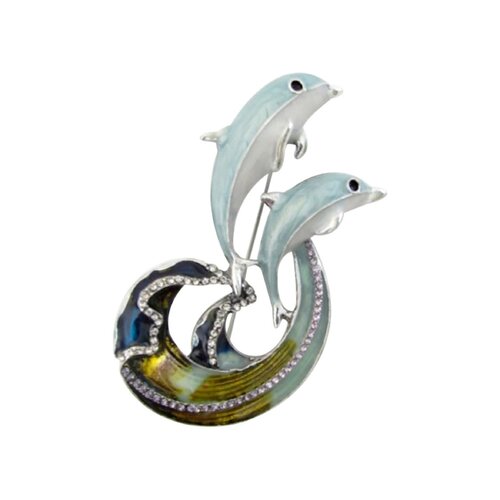 Broche bijou épingle couple dauphin sur vague, acier.