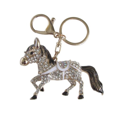 Bijou de sac, porte-clés cheval en acier doré et strass cristal.