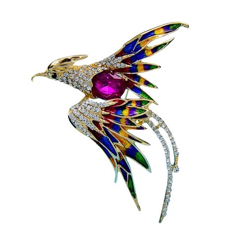 Broche bijou oiseau style  phoenix acier doré et multicolore.