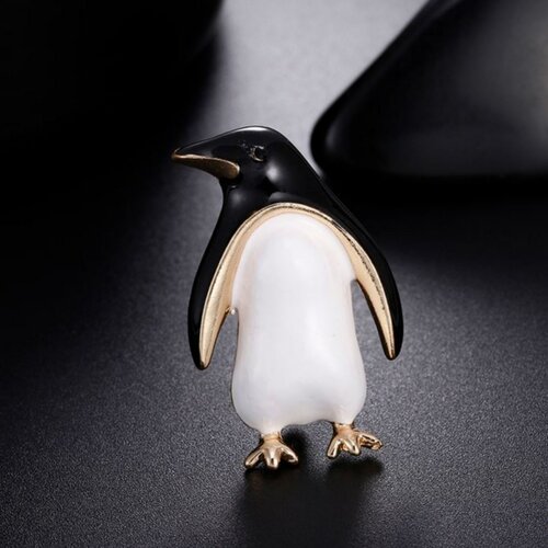 Broche bijou pingouin blanc et noir, acier.