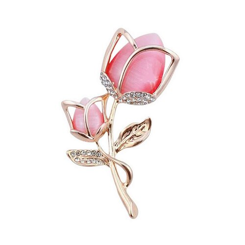 Broche bijou fleur cristal rose en acier doré.