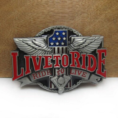 Boucle de ceinture thème moto biker "live to ride" en acier.