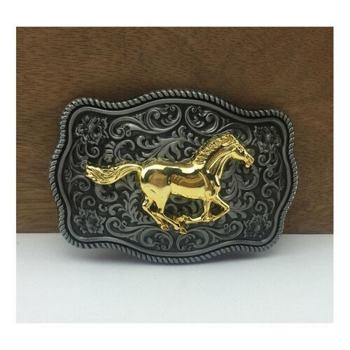 Boucle de ceinture cheval doré et fond floral style western, cow-boy équitation.