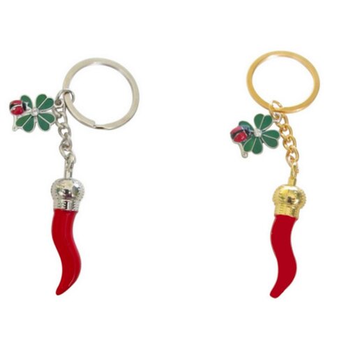Porte-clés, bijou de sac petit piment rouge, trèfle &amp; coccinelle, corne d'abondance. porte-bonheur italien.
