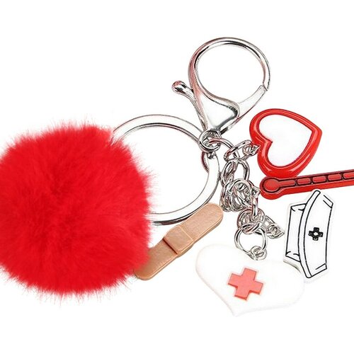 Porte-clés, bijou de sac thème médical infirmière charms, pompon rouge.