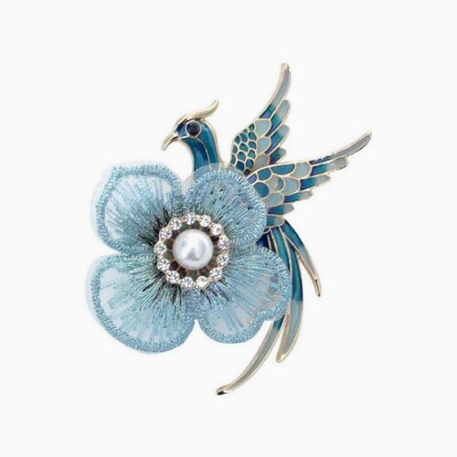 Broche bijou épingle oiseau paon fleur bleu, acier et acrylique.
