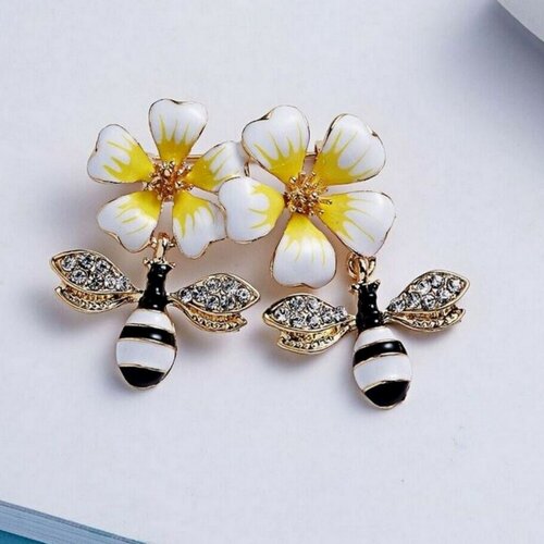 Broche bijou épingle doré couple abeille &amp; fleurs en acier.