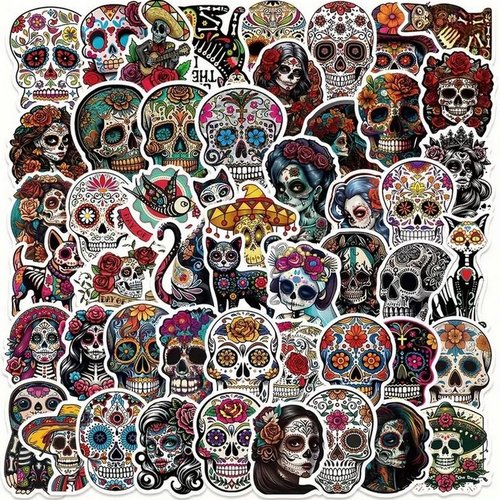 Lot de 50 stickers autocollants thème tête de mort fun, calavera, santa muerte.
