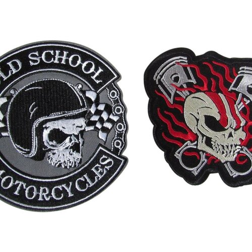 Lot de 2 patchs écusson thermocollant biker tête de mort avec flammes &amp; &quot;old school motorcycles&quot;