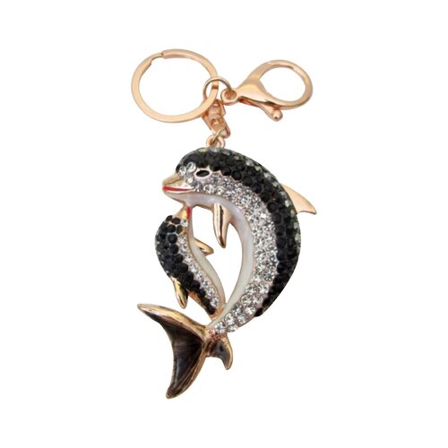 Porte-clés, bijou de sac dauphin et son bébé acier doré et strass cristal.
