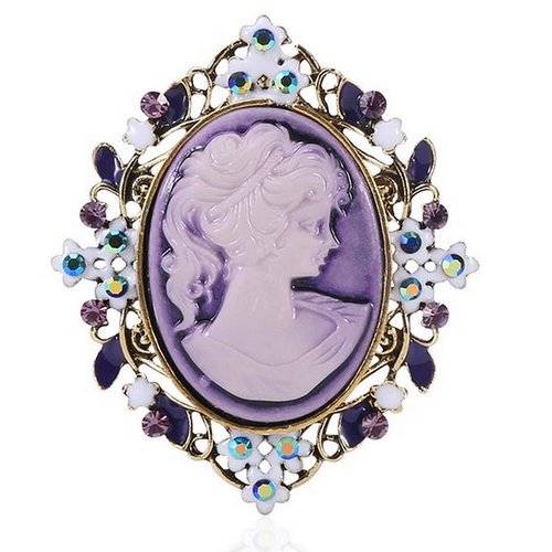 Broche bijou femme camée violet dominant avec contour floral.