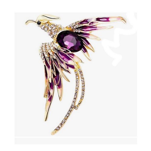 Broche bijou oiseau style phoenix acier doré et violet.